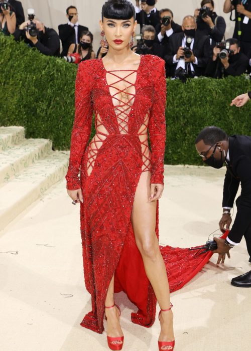 Megan Fox in a ruby red gown. Credit: Mike Coppola/Getty